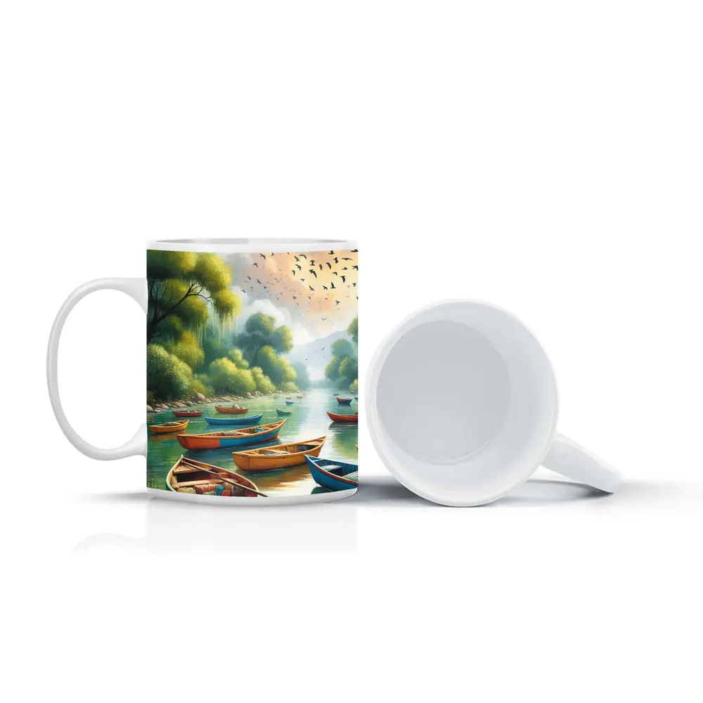 Colorful Wooden Boats River Forest Painting – Mugs