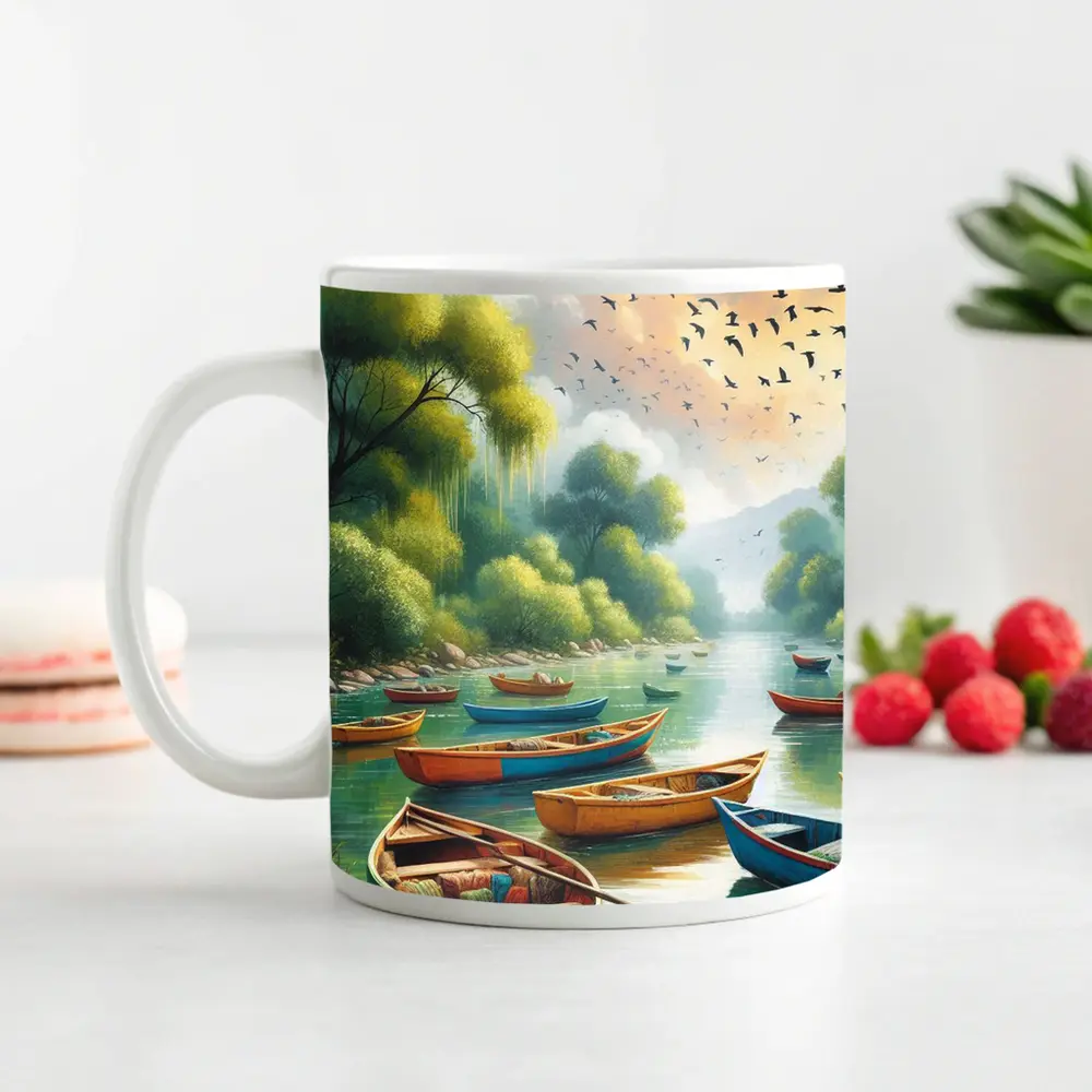 Colorful Wooden Boats River Forest Painting – Mugs