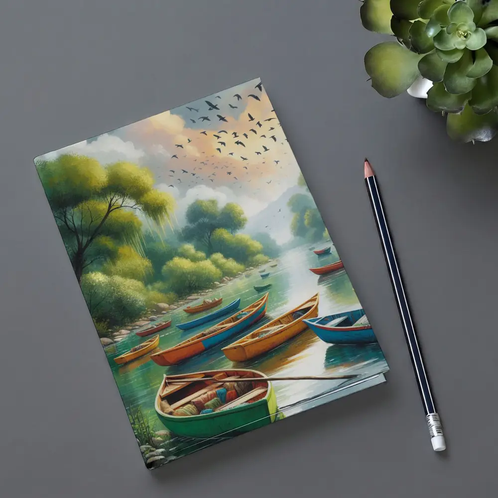 Colorful Wooden Boats River Forest Painting – Notebooks