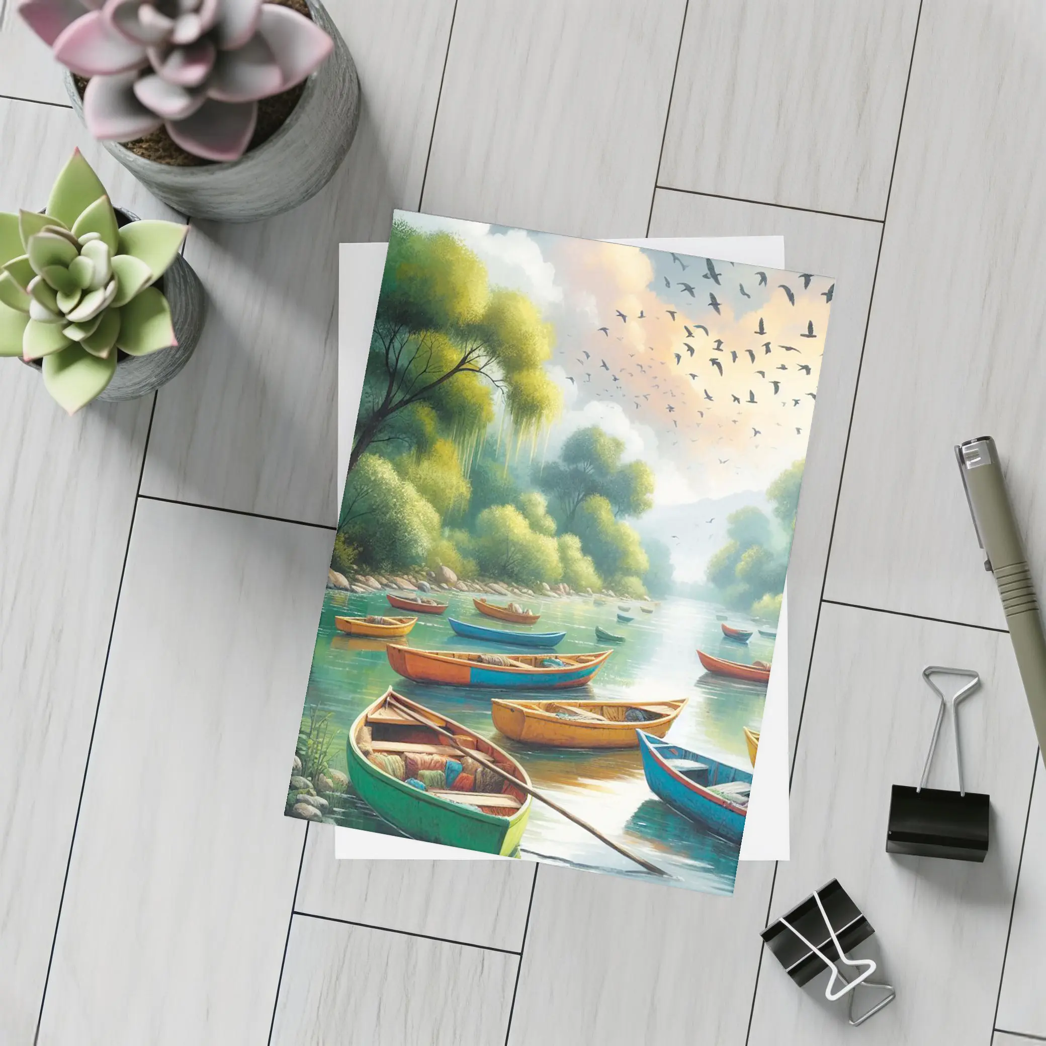 Colorful Wooden Boats River Forest Painting – Postcards