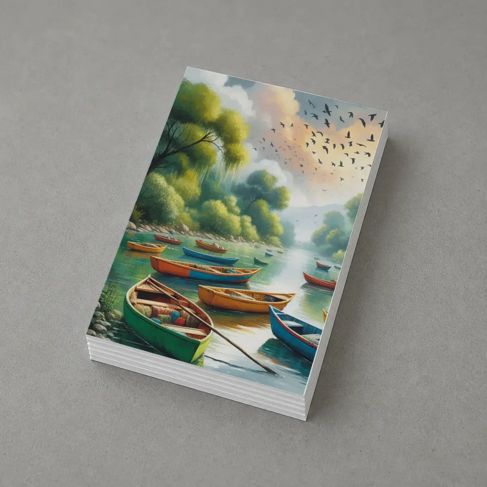 Colorful Wooden Boats River Forest Painting – Postcards