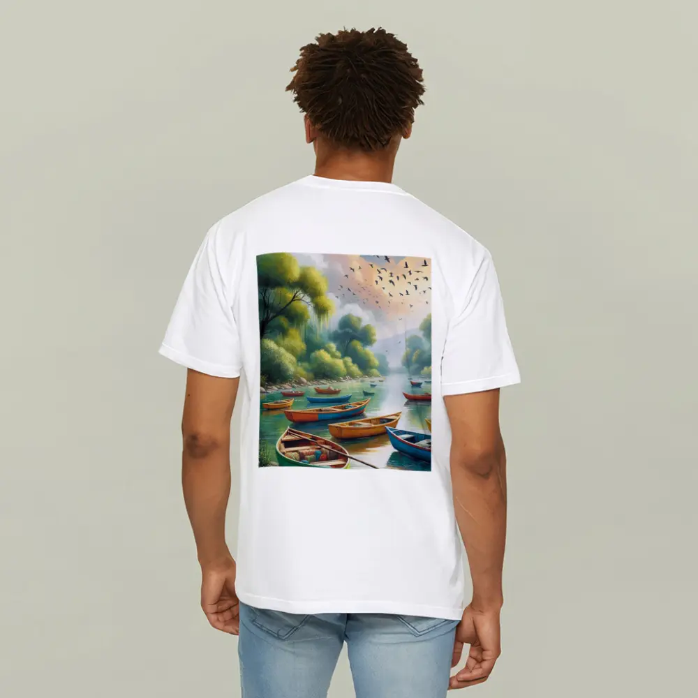 Colorful Wooden Boats River Forest Painting – T-Shirts