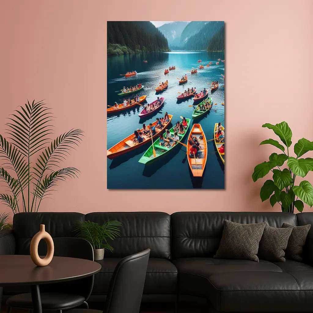 Colorful Boats on Mountain Lake Scene – Wall Art