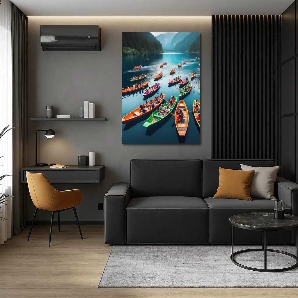 Colorful Boats on Mountain Lake Scene – Wall Art