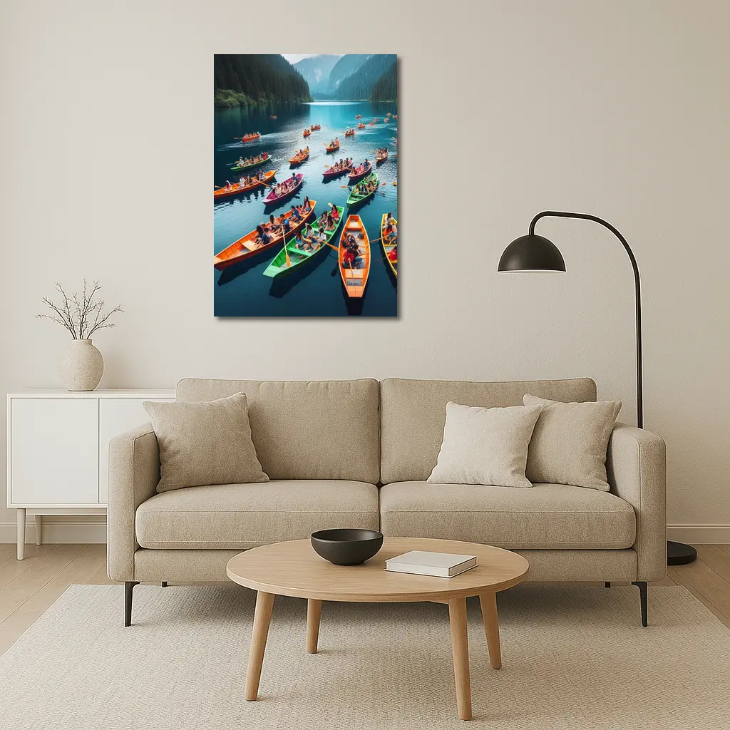 Colorful Boats on Mountain Lake Scene – Wall Art