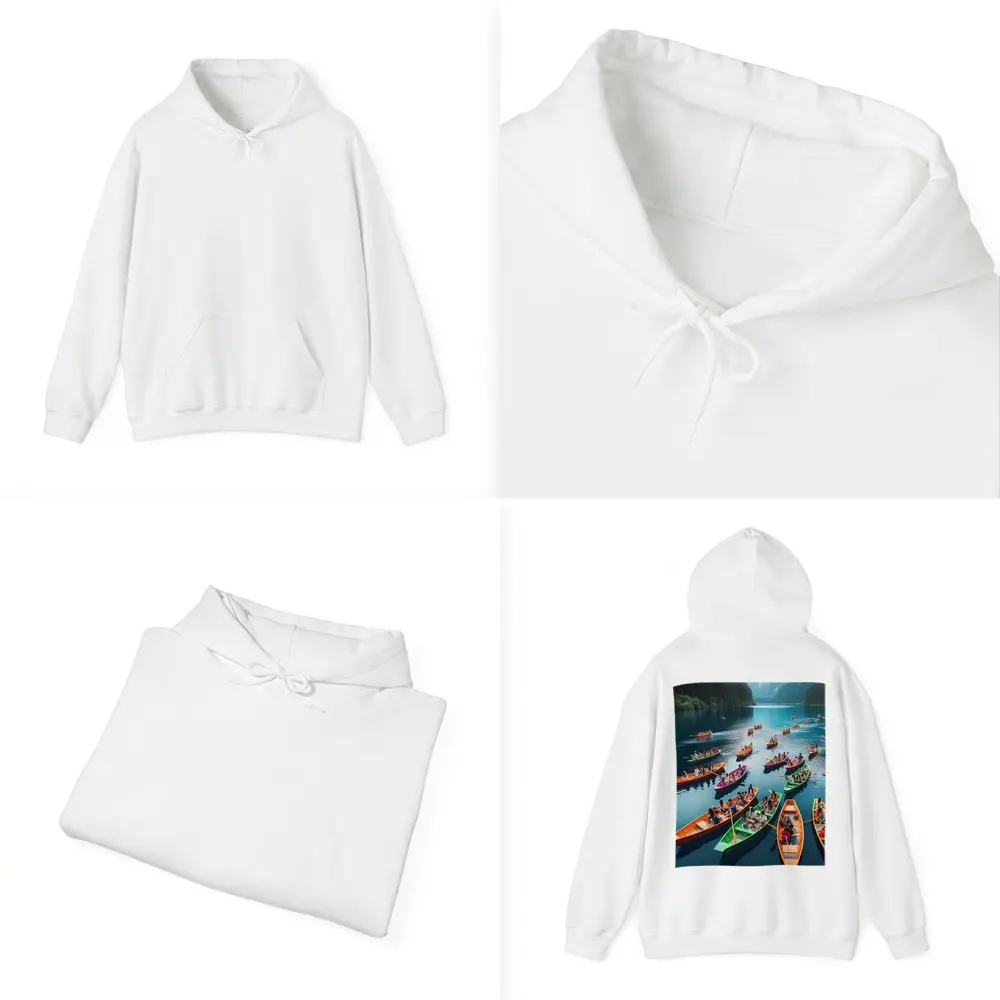 Colorful Boats on Mountain Lake Scene – Hoodies