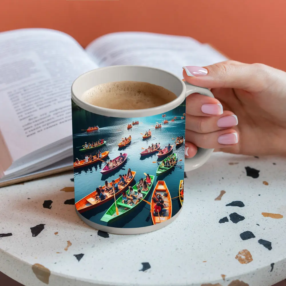 Colorful Boats on Mountain Lake Scene – Mugs