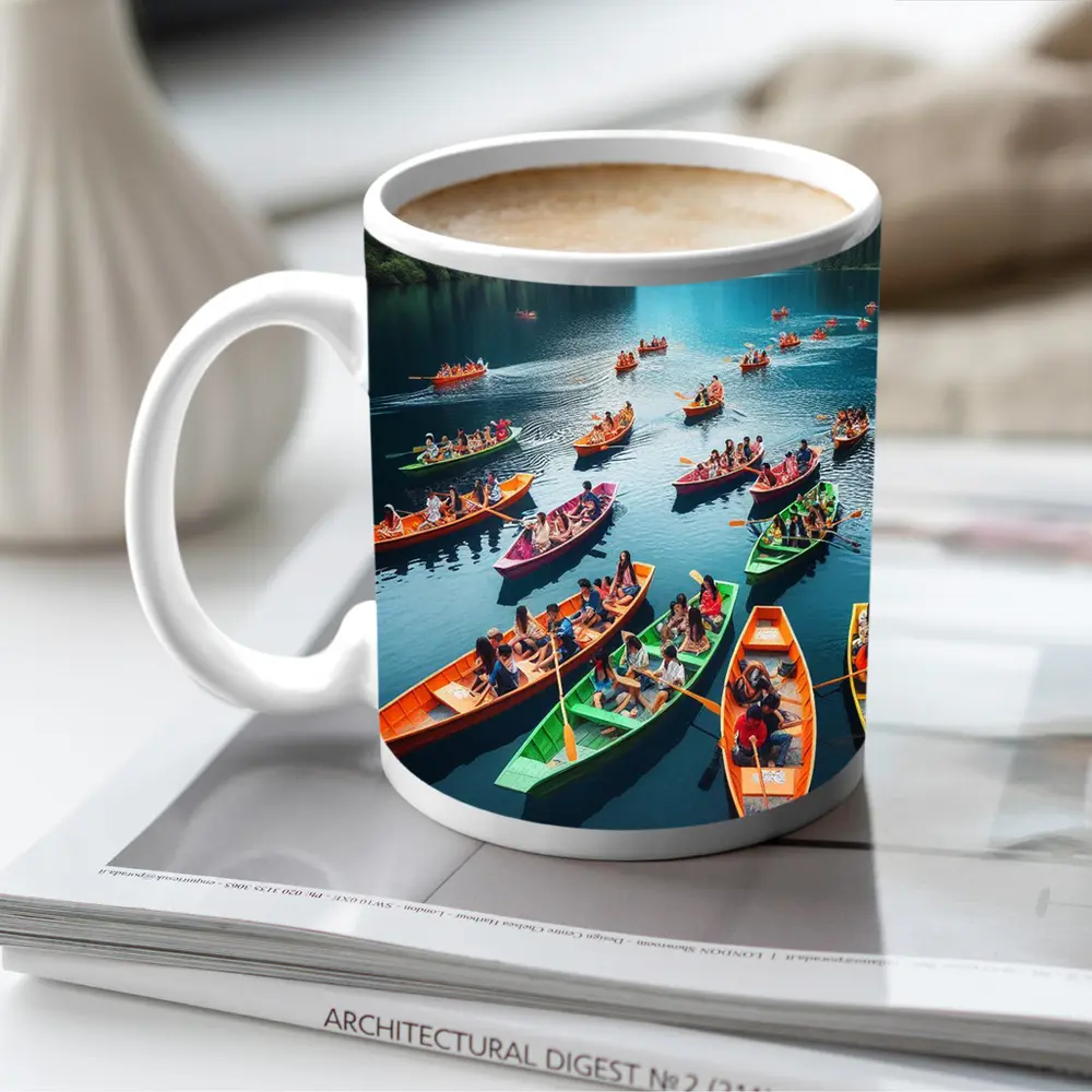 Colorful Boats on Mountain Lake Scene – Mugs