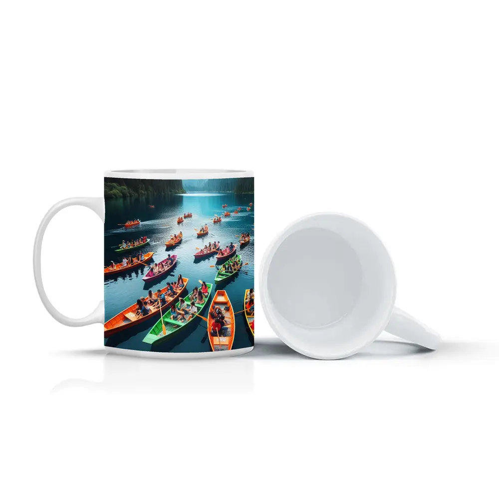 Colorful Boats on Mountain Lake Scene – Mugs