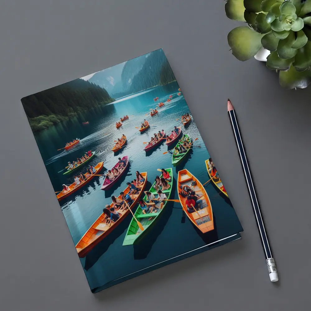 Colorful Boats on Mountain Lake Scene – Notebooks