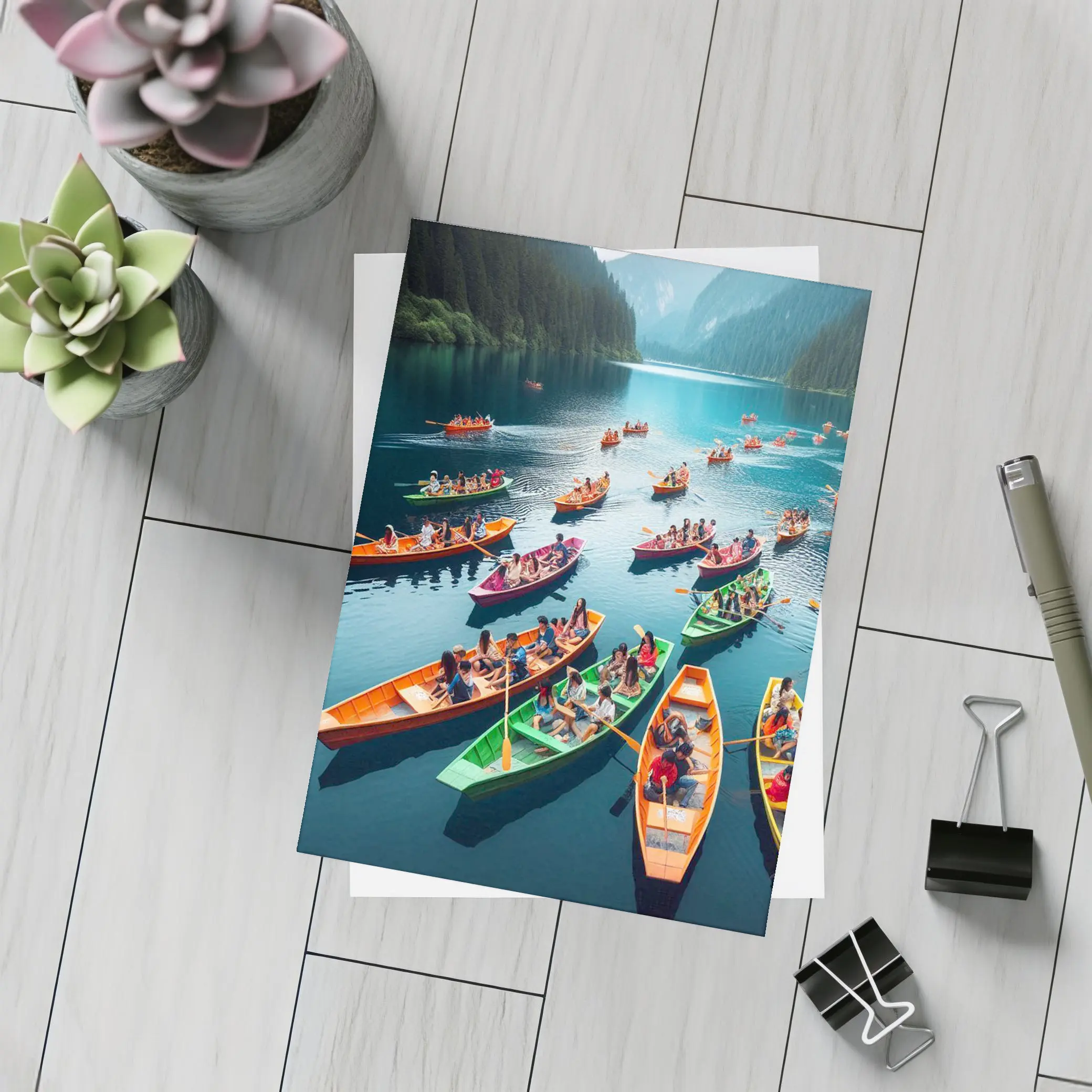 Colorful Boats on Mountain Lake Scene – Postcards
