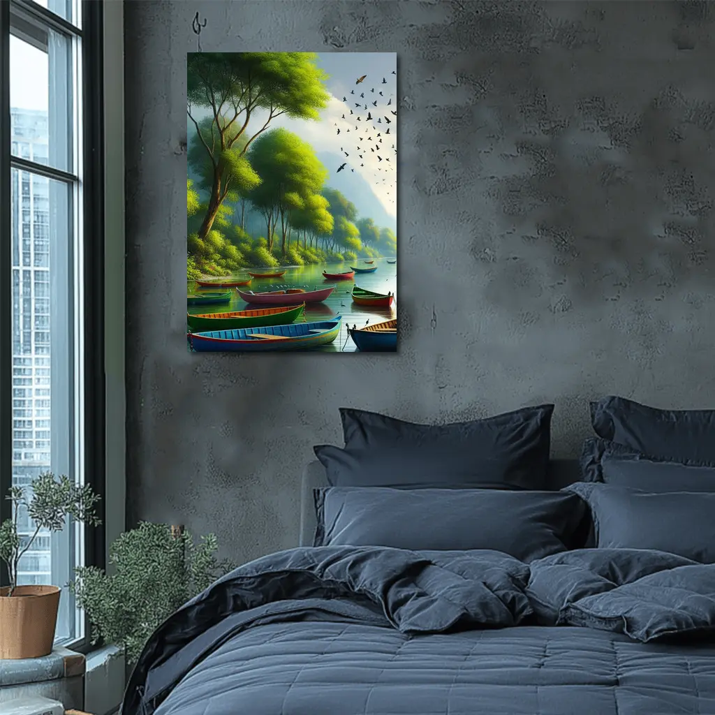 Colorful Boats On Calm River Forest – Wall Art