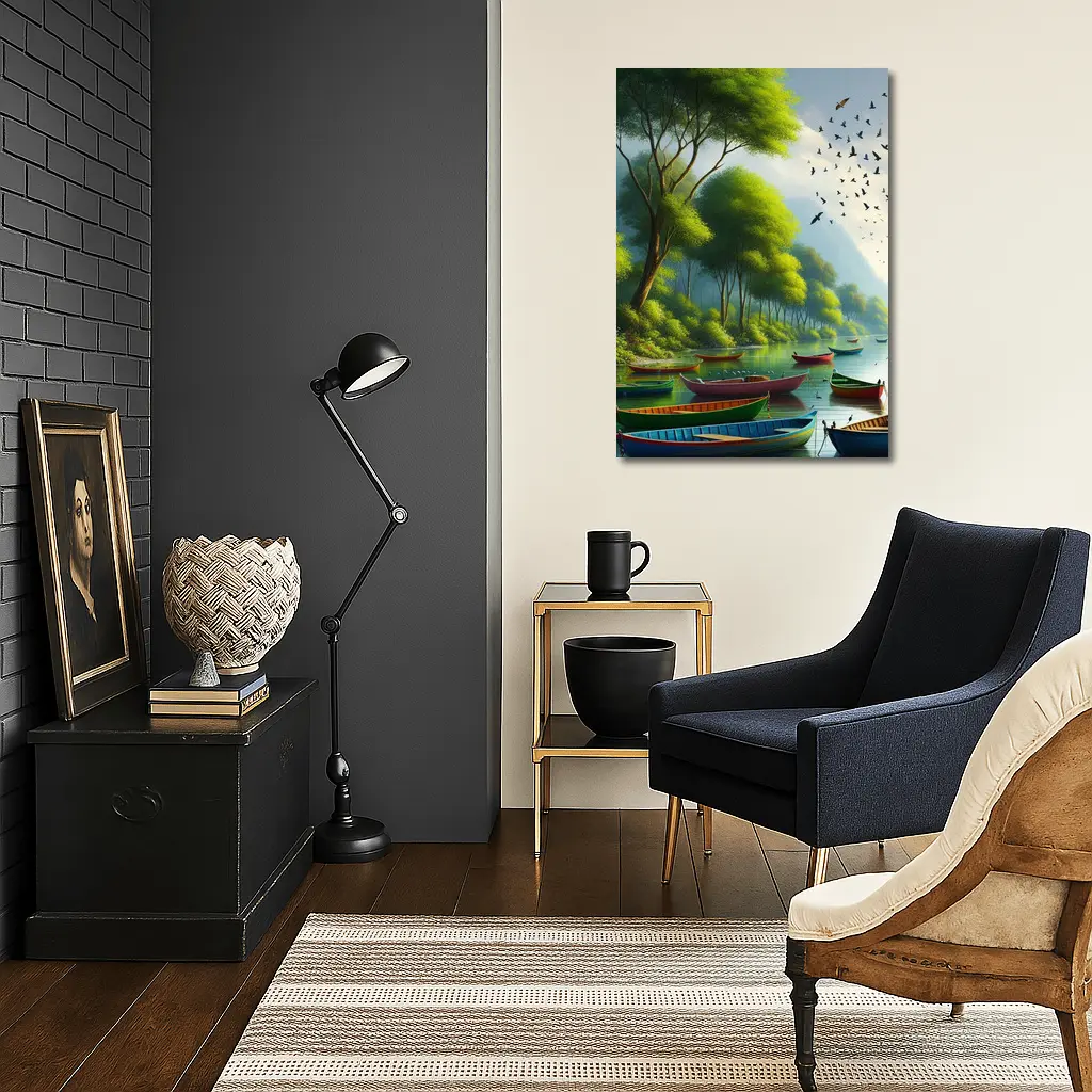 Colorful Boats On Calm River Forest – Wall Art