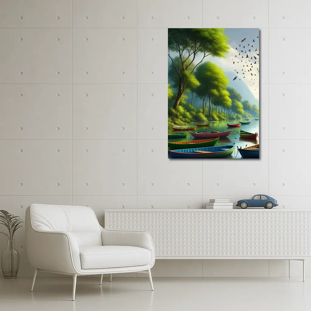 Colorful Boats On Calm River Forest – Wall Art