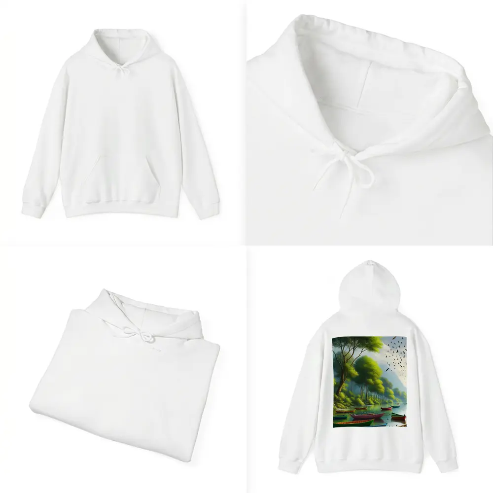 Colorful Boats On Calm River Forest – Hoodies