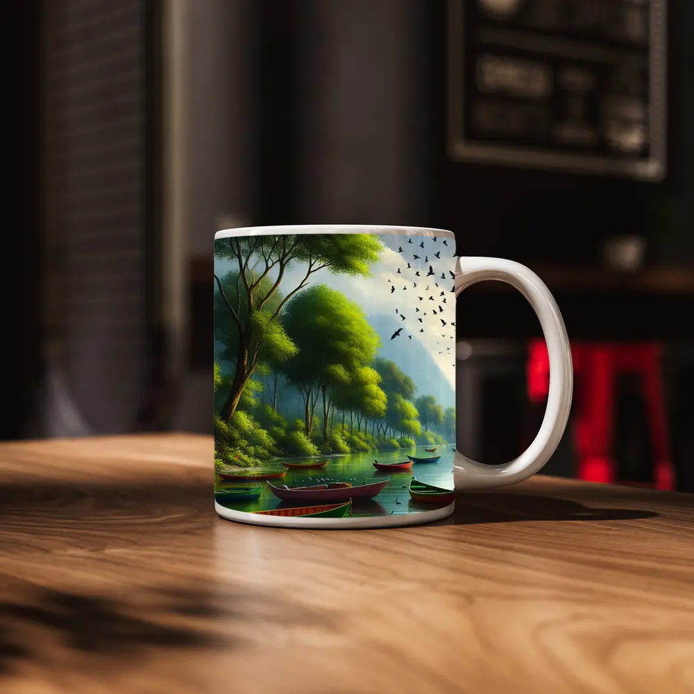 Colorful Boats On Calm River Forest – Mugs