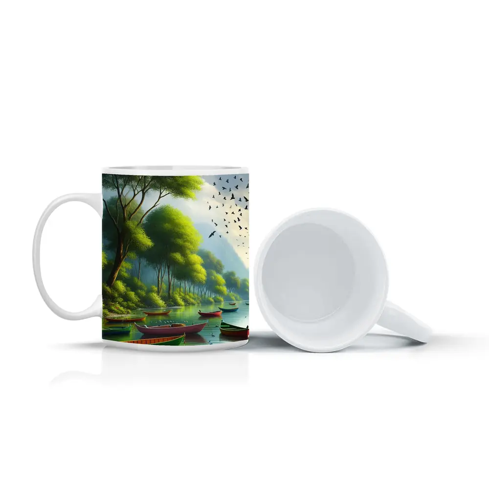 Colorful Boats On Calm River Forest – Mugs