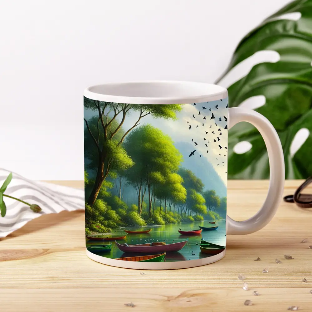 Colorful Boats On Calm River Forest – Mugs