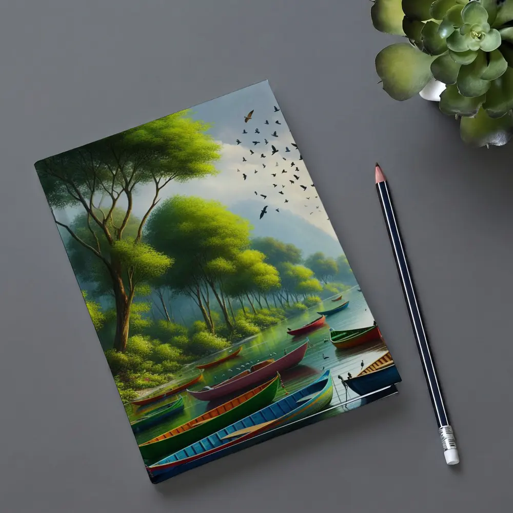 Colorful Boats On Calm River Forest – Notebooks