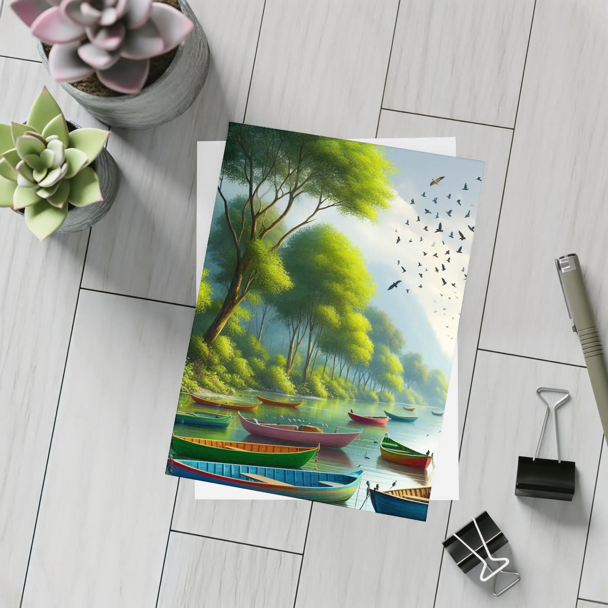 Colorful Boats On Calm River Forest – Postcards