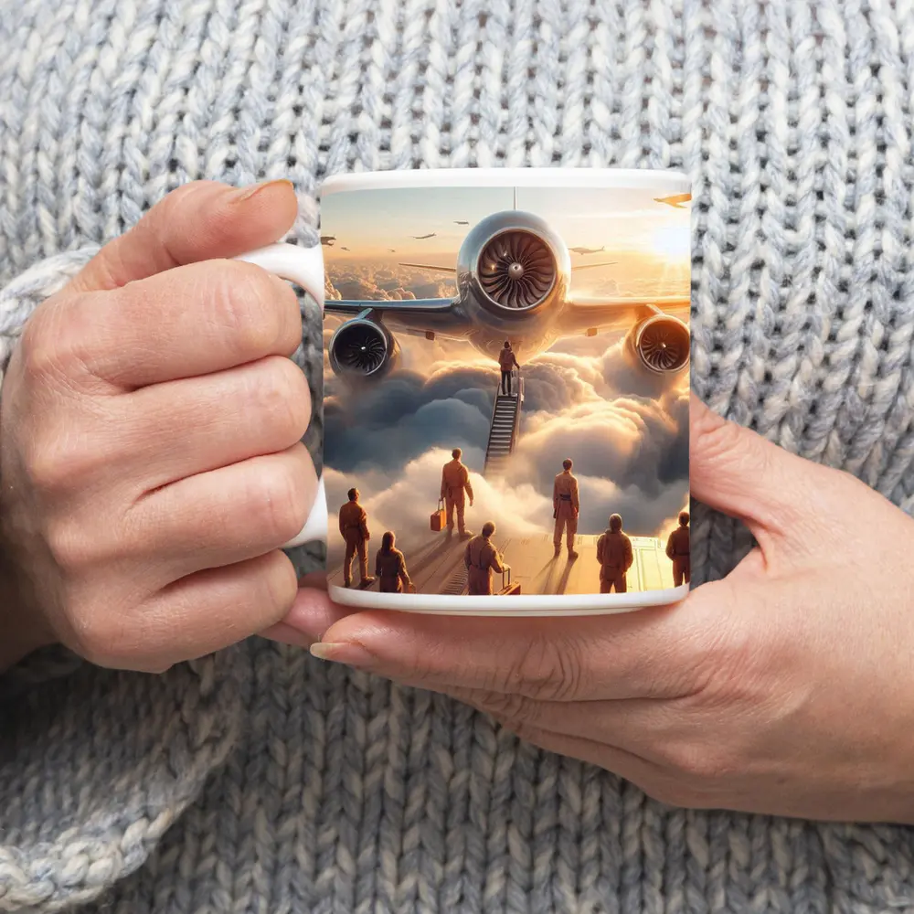 Airplane Above Clouds Golden Sunrise Scene – Mugs