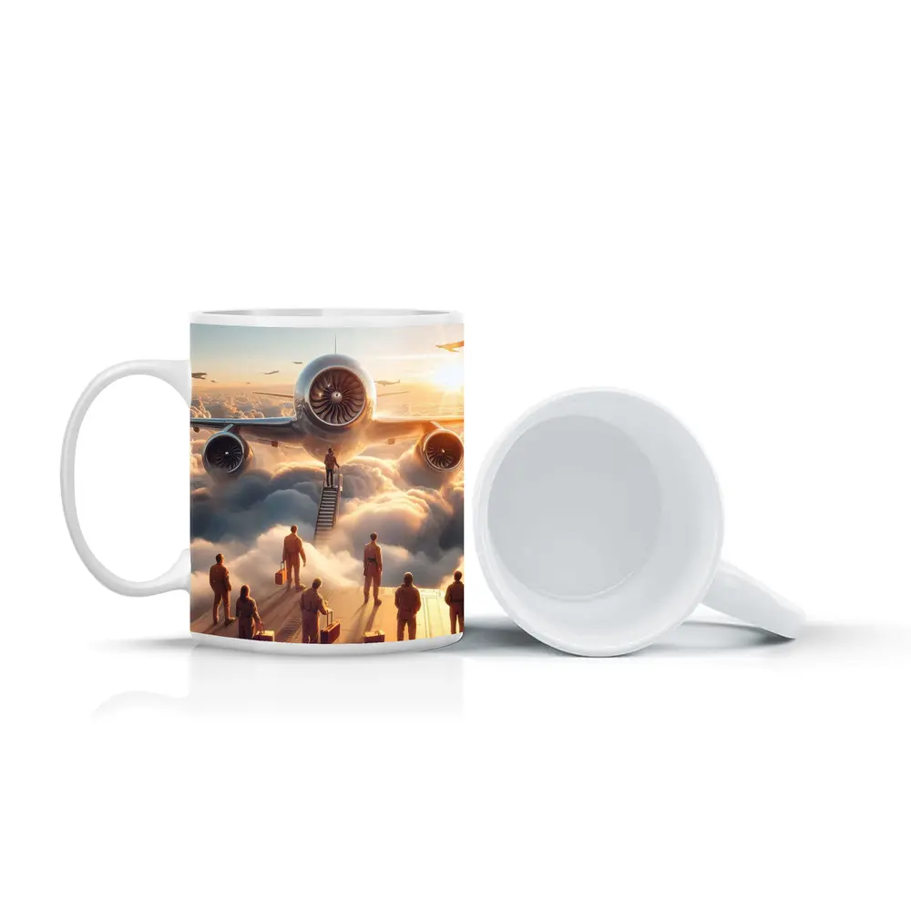 Airplane Above Clouds Golden Sunrise Scene – Mugs