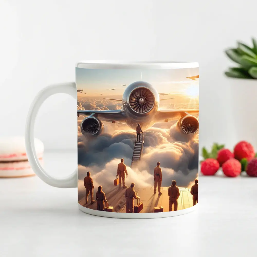 Airplane Above Clouds Golden Sunrise Scene – Mugs