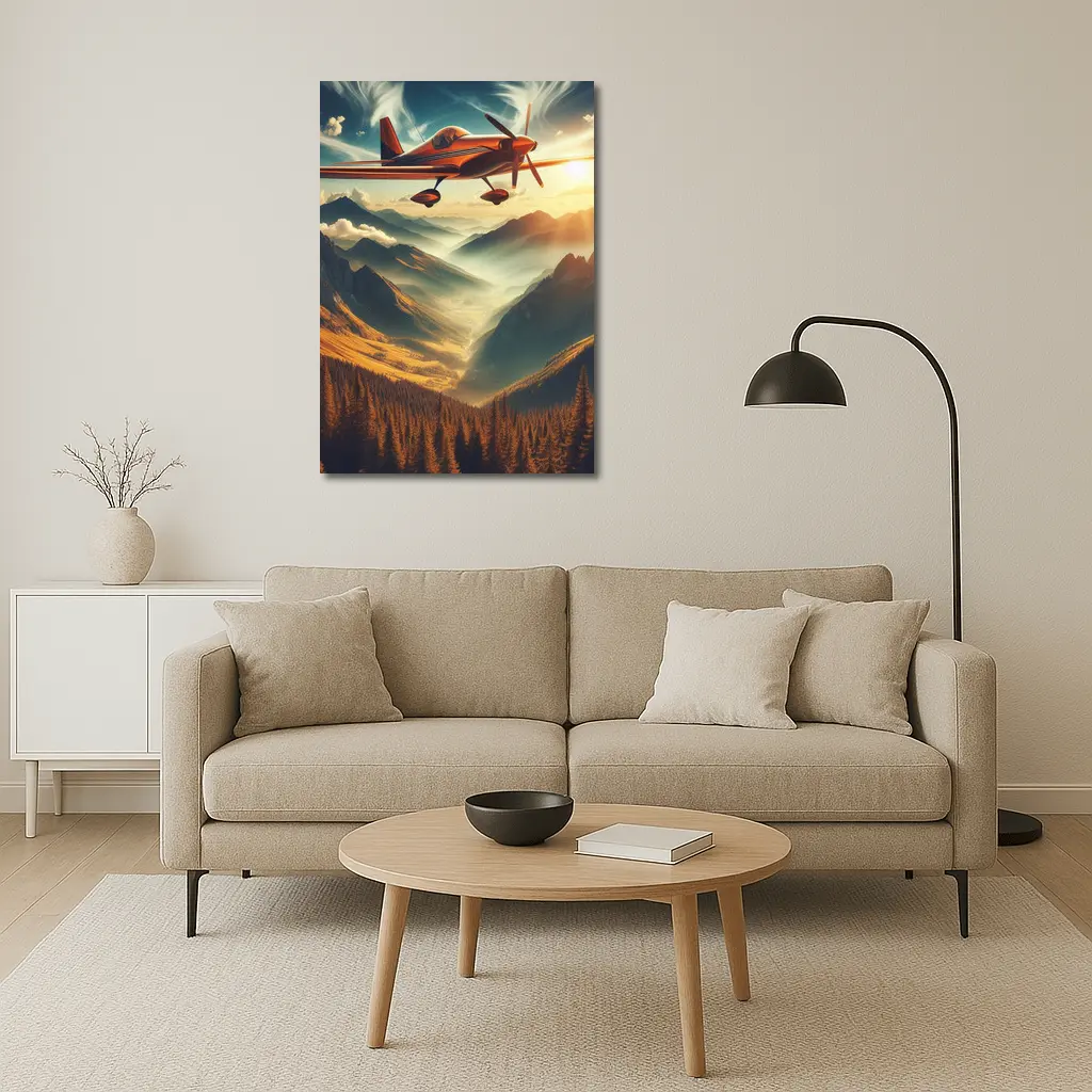 Red Propeller Plane Flying Over Mountain Valley – Wall Art