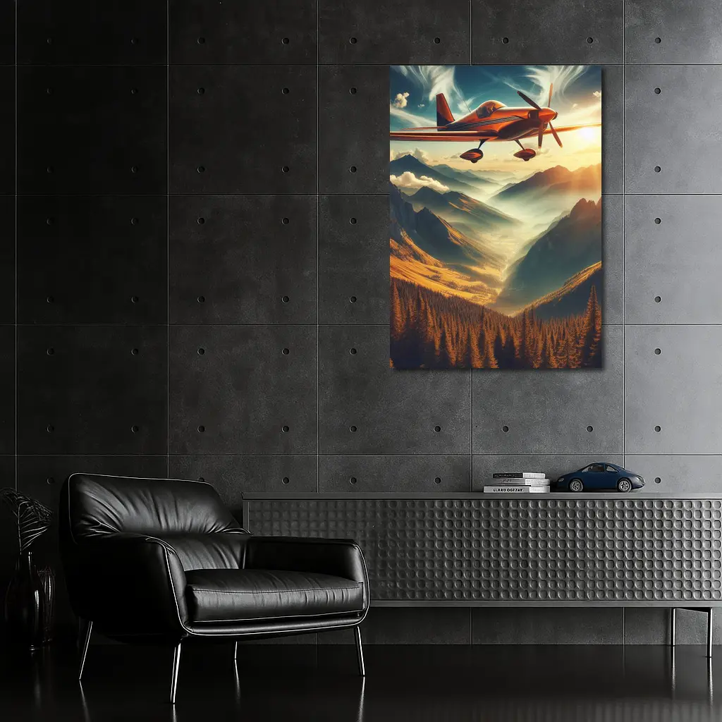 Red Propeller Plane Flying Over Mountain Valley – Wall Art