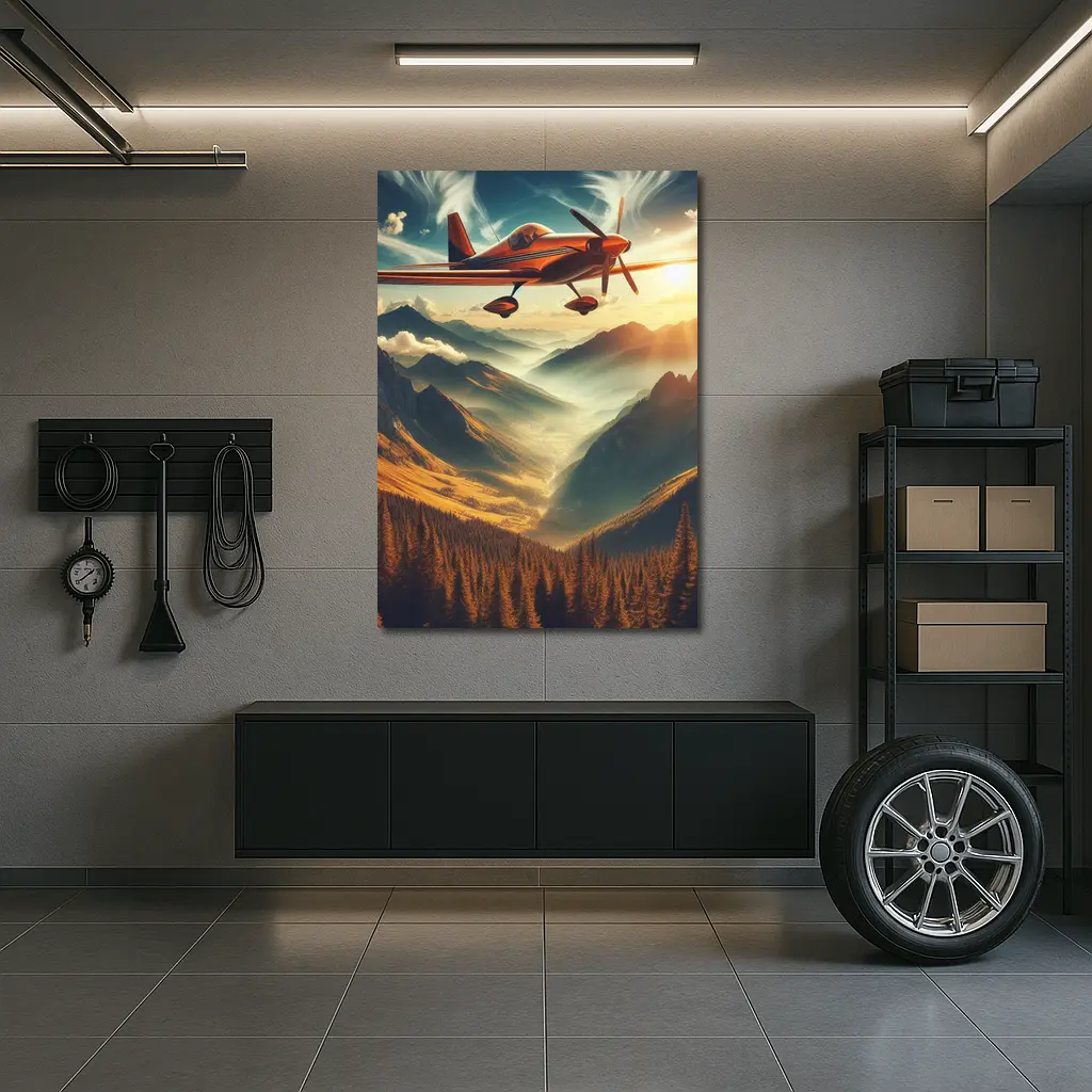Red Propeller Plane Flying Over Mountain Valley – Wall Art
