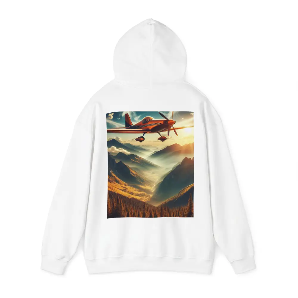 Red Propeller Plane Flying Over Mountain Valley – Hoodies