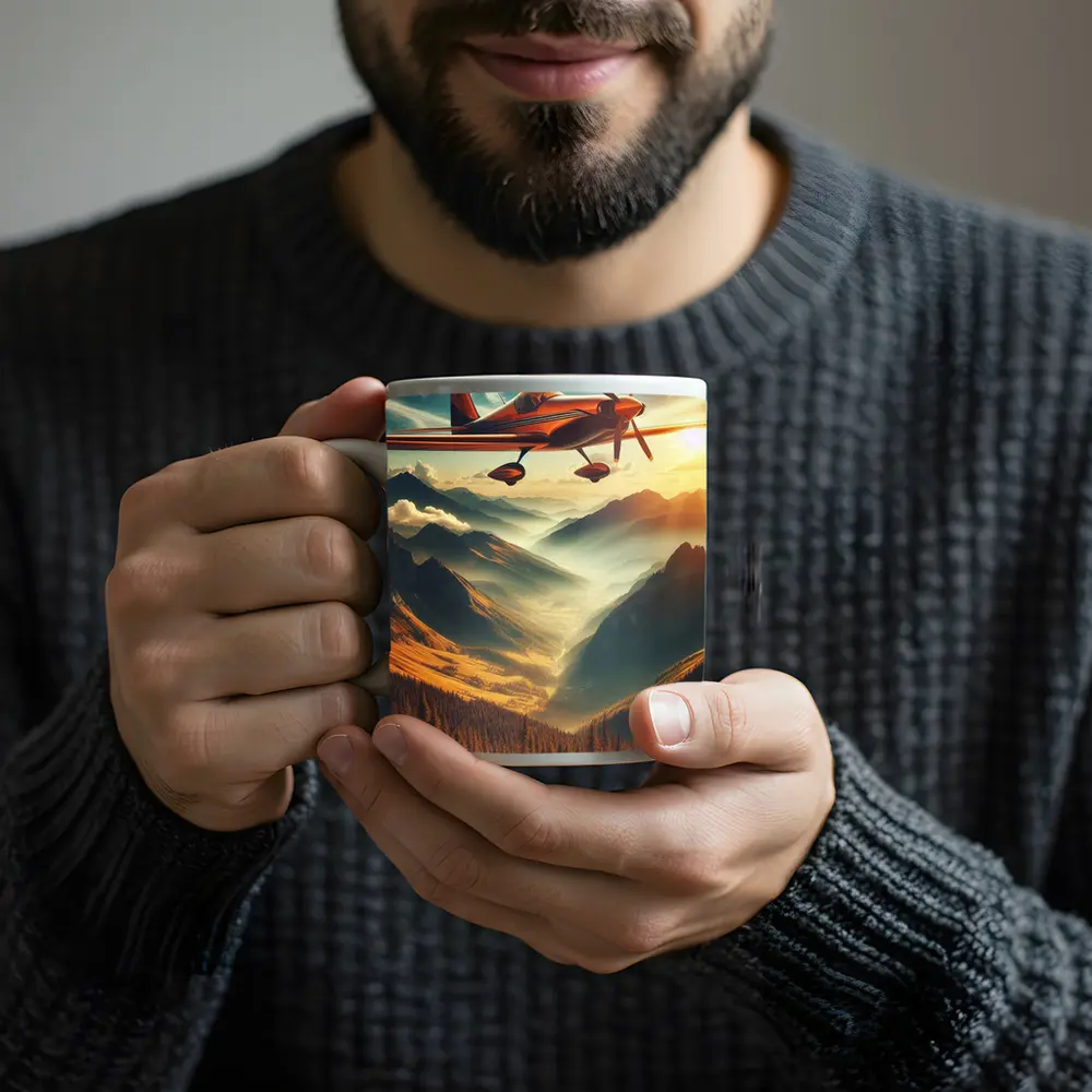 Red Propeller Plane Flying Over Mountain Valley – Mugs