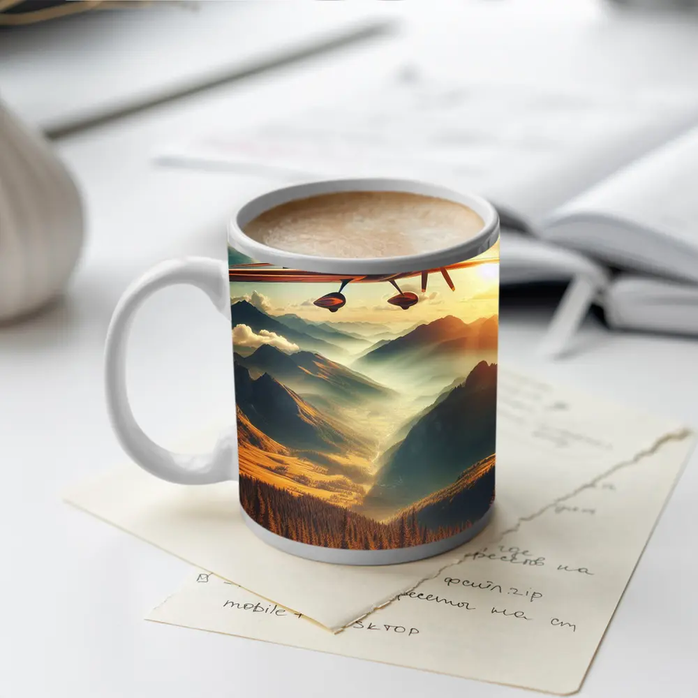 Red Propeller Plane Flying Over Mountain Valley – Mugs