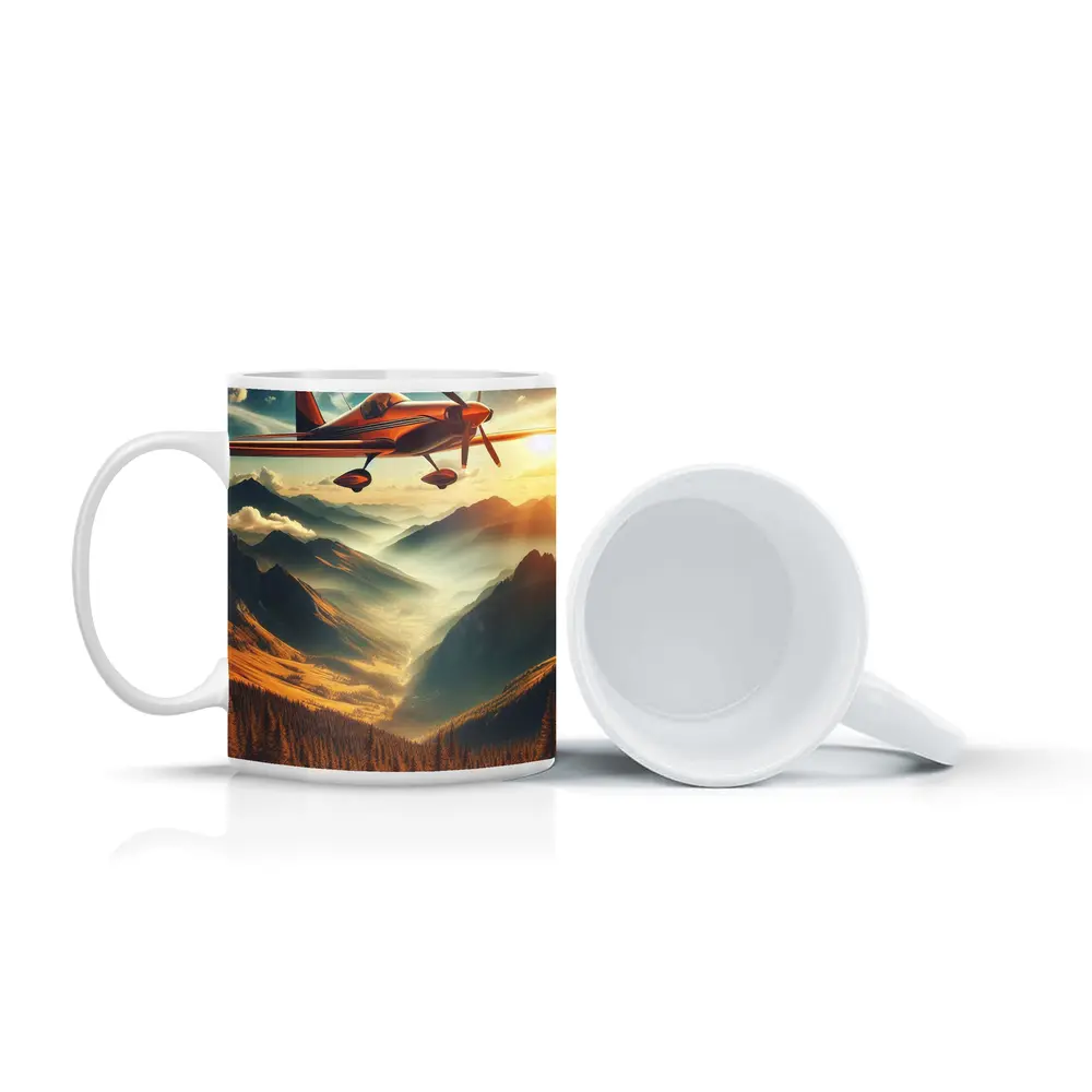 Red Propeller Plane Flying Over Mountain Valley – Mugs