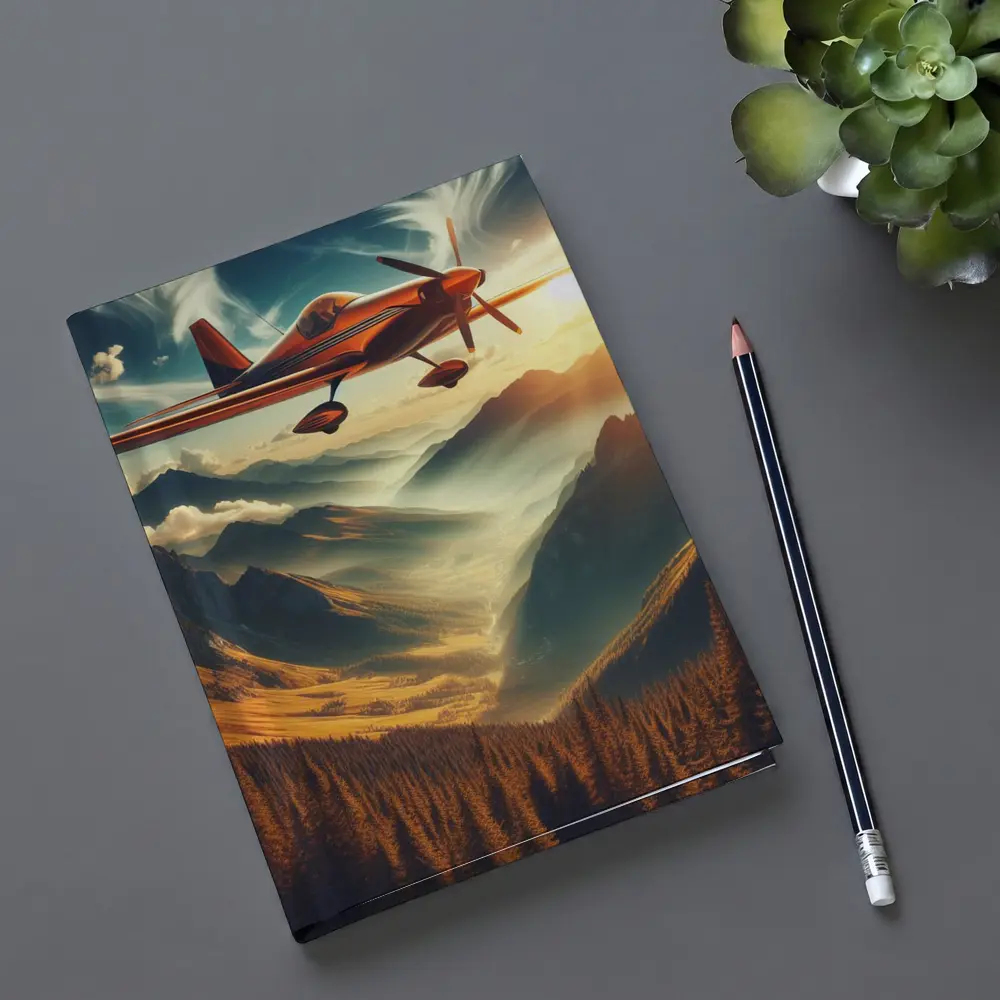 Red Propeller Plane Flying Over Mountain Valley – Notebooks