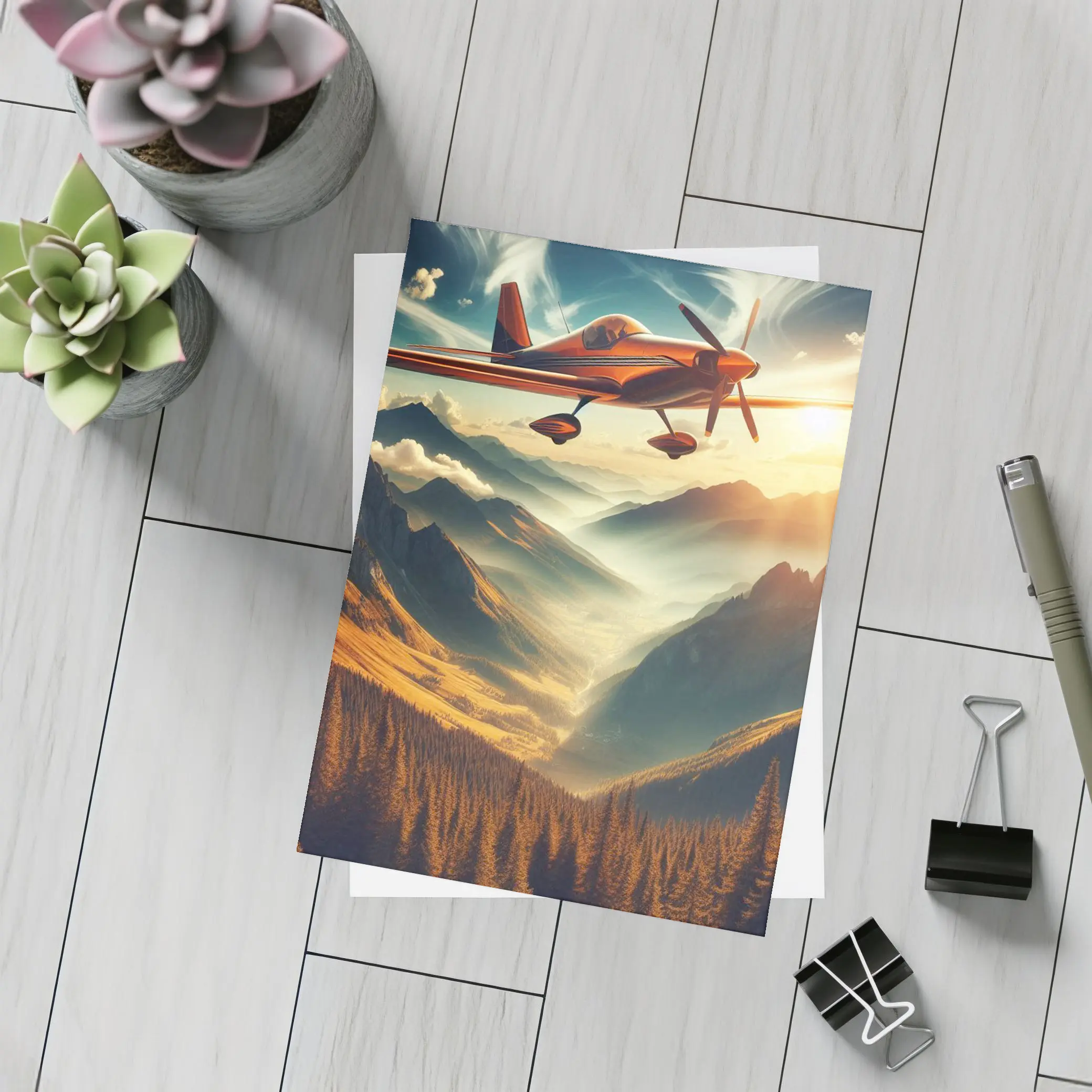 Red Propeller Plane Flying Over Mountain Valley – Postcards