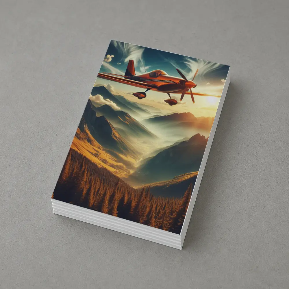 Red Propeller Plane Flying Over Mountain Valley – Postcards