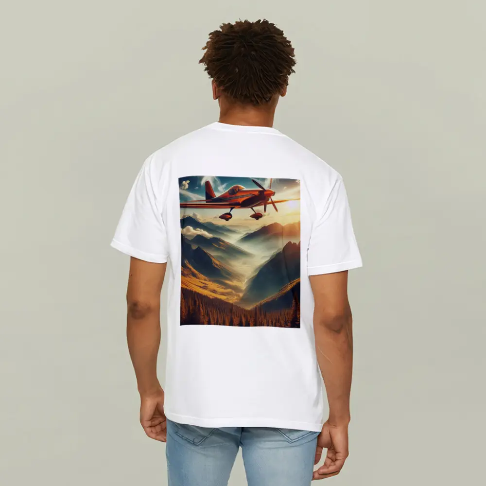 Red Propeller Plane Flying Over Mountain Valley – T-Shirts
