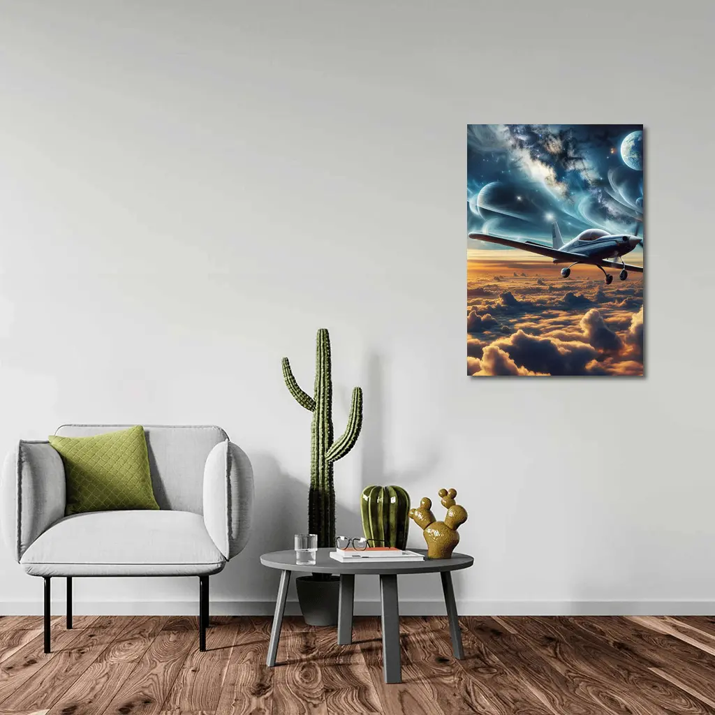 Small Plane Flying Above Clouds Space – Wall Art