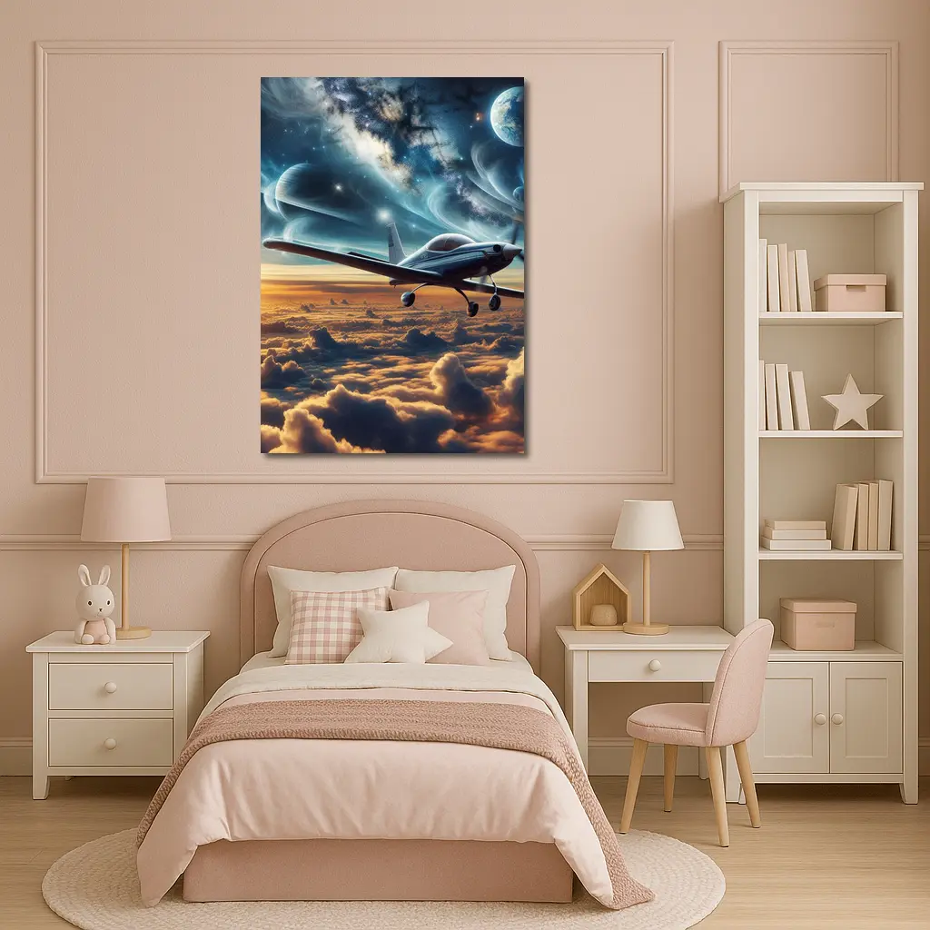 Small Plane Flying Above Clouds Space – Wall Art