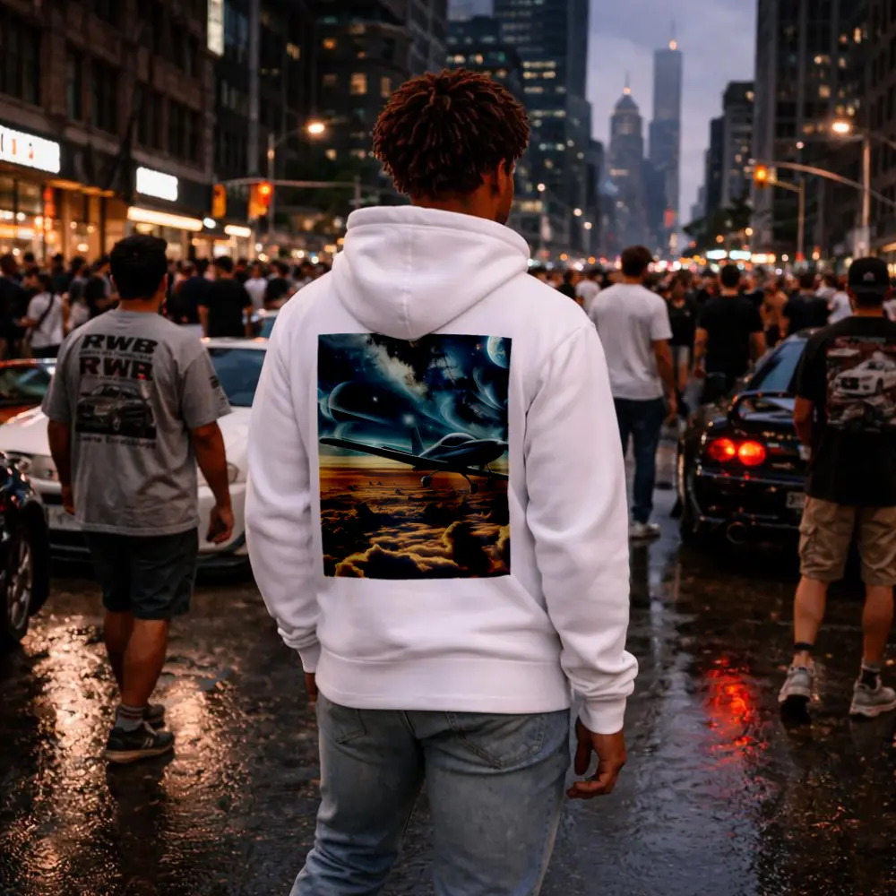 Small Plane Flying Above Clouds Space – Hoodies