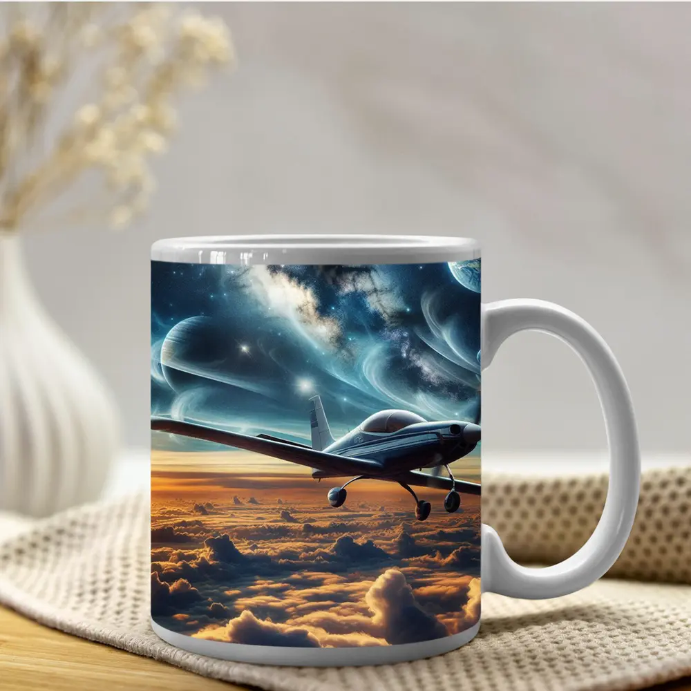 Small Plane Flying Above Clouds Space – Mugs