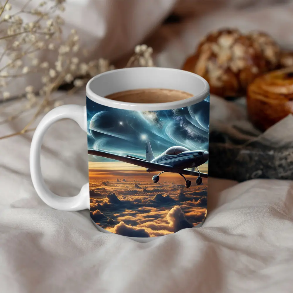 Small Plane Flying Above Clouds Space – Mugs