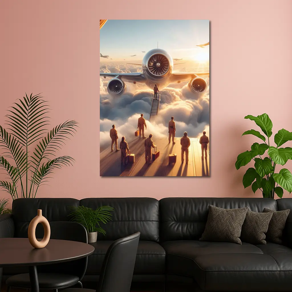 Airplane Above Clouds Golden Sunrise Sky – Wall Art