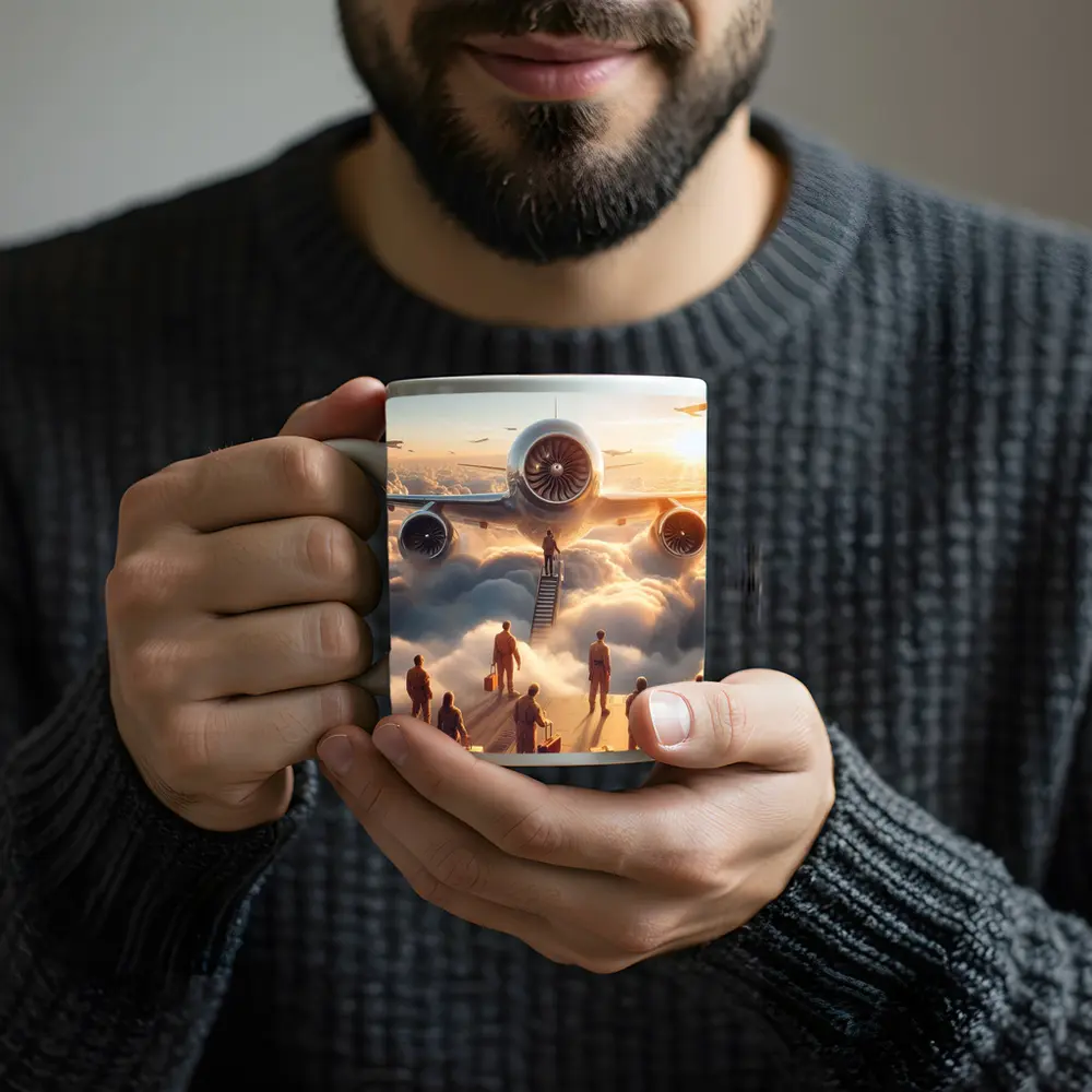 Airplane Above Clouds Golden Sunrise Sky – Mugs