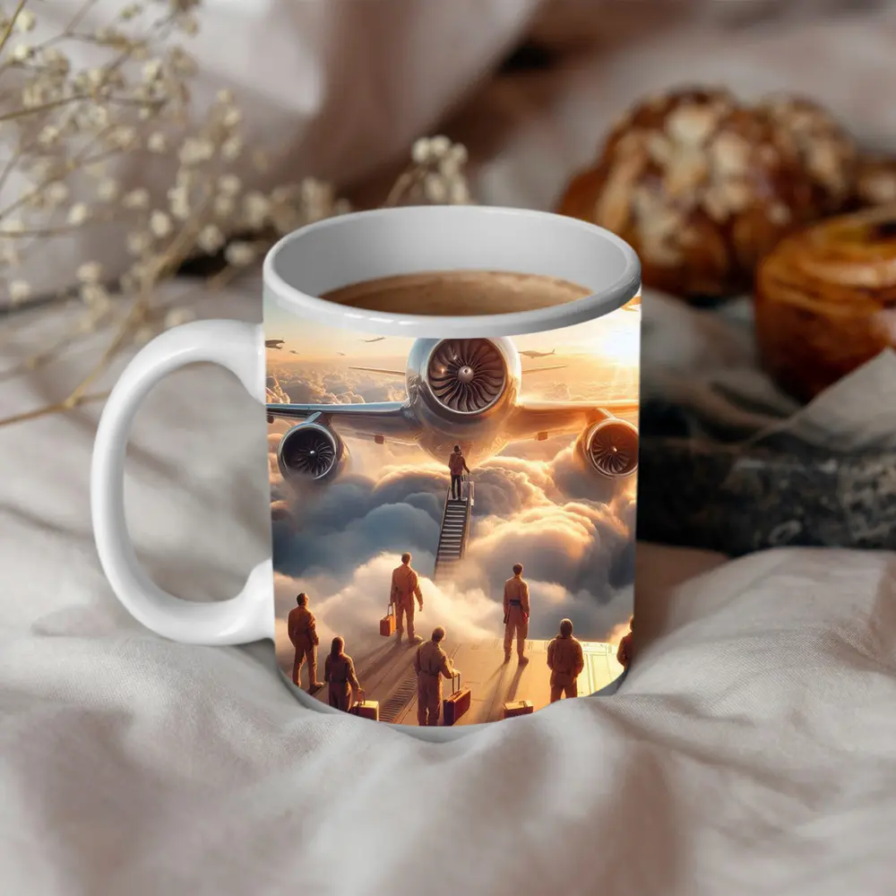 Airplane Above Clouds Golden Sunrise Sky – Mugs