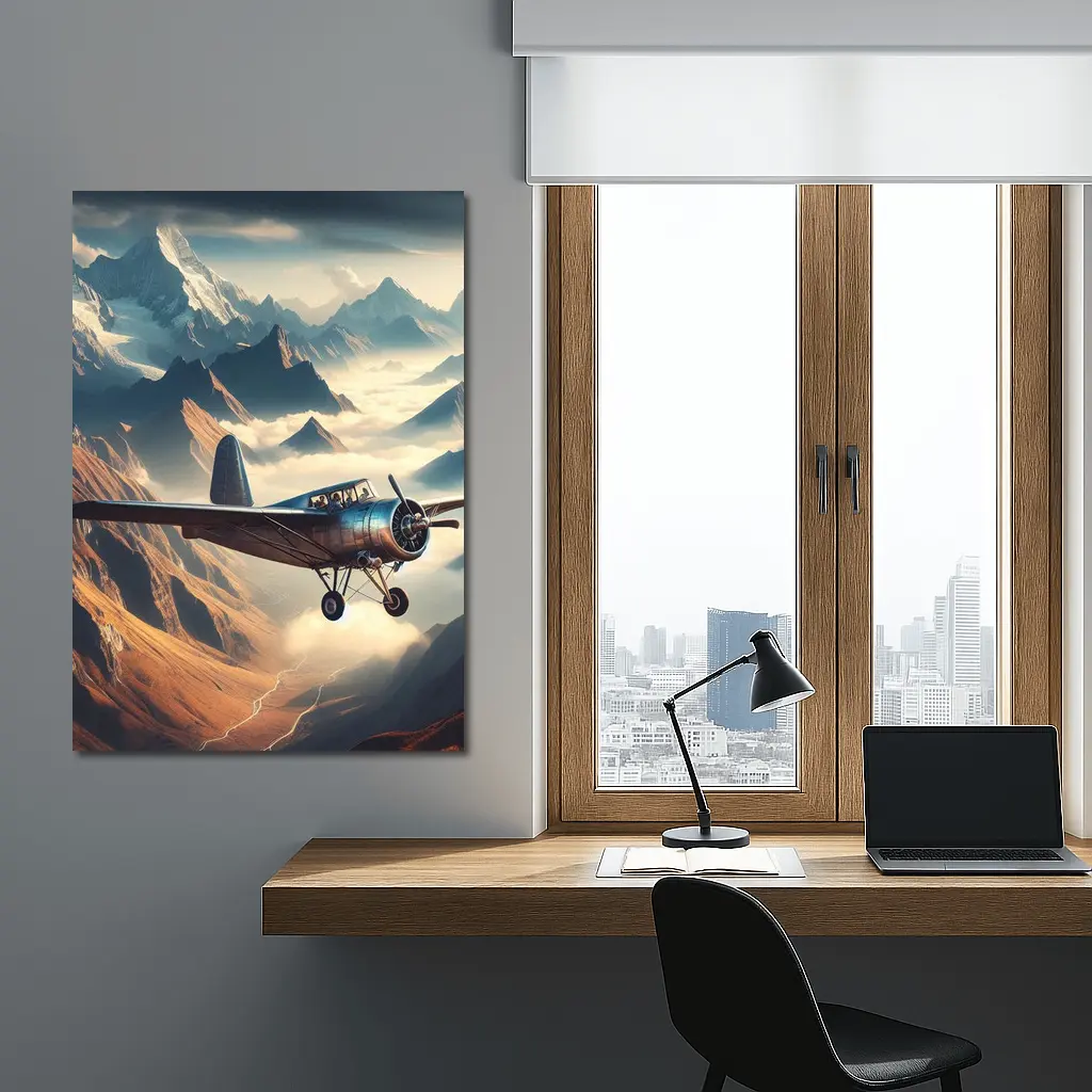 Vintage Propeller Plane Flying Over Mountains – Wall Art