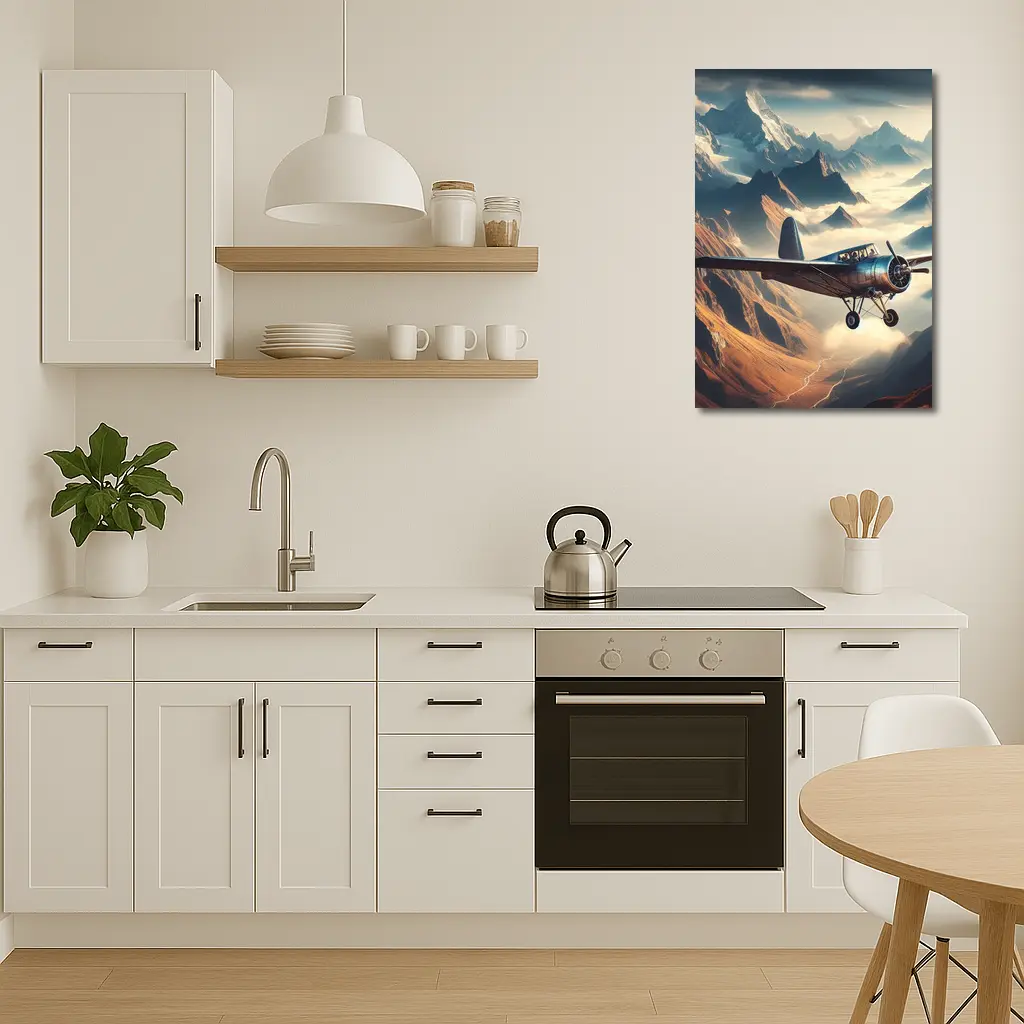 Vintage Propeller Plane Flying Over Mountains – Wall Art