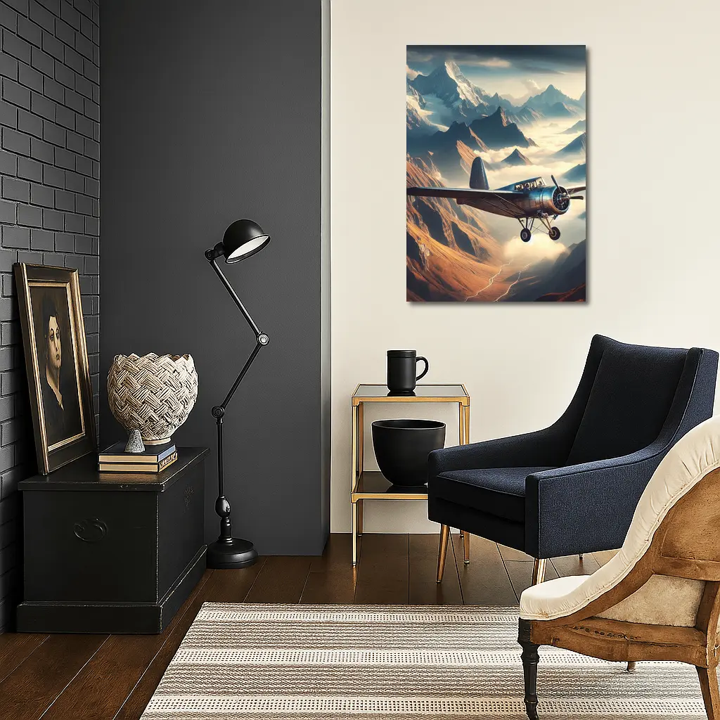 Vintage Propeller Plane Flying Over Mountains – Wall Art