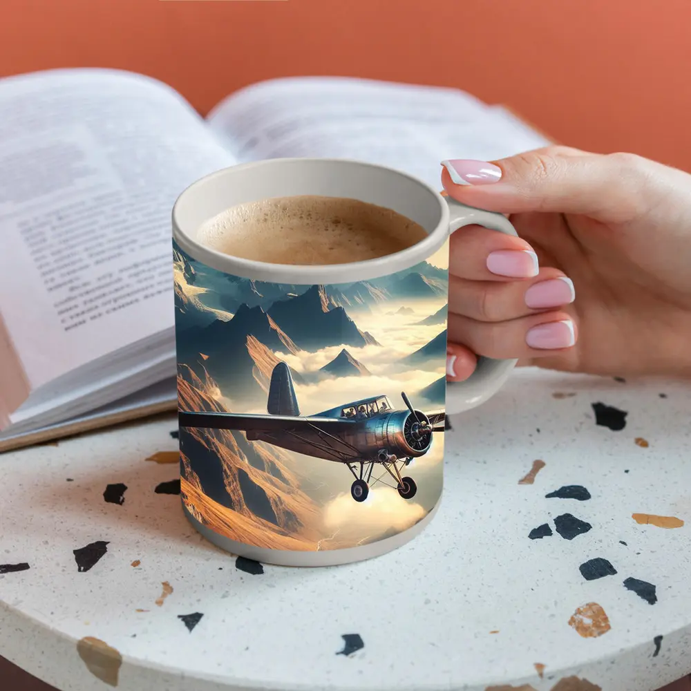 Vintage Propeller Plane Flying Over Mountains – Mugs